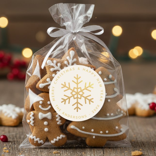 Sticker Rond Snowflake Faux Gold Merry Christmas Happy New Year (Créateur téléchargé)