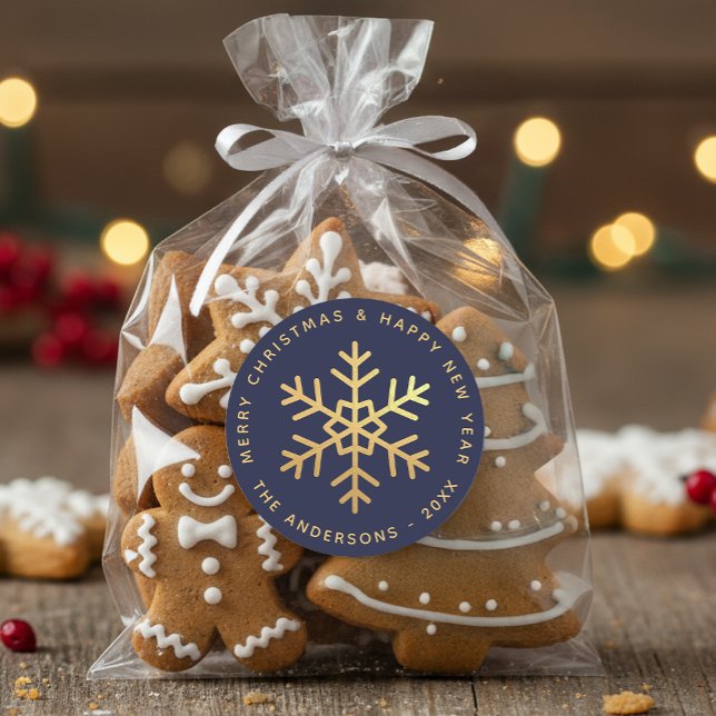 Sticker Rond Snowflake Navy Blue Faux Gold Elegant Christmas  (Créateur téléchargé)