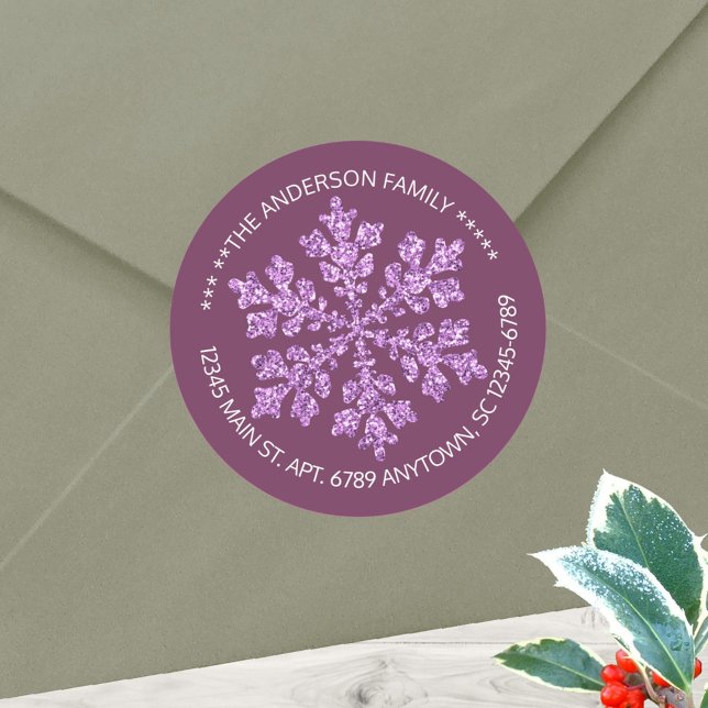 Sticker Rond Snowflake Plum Bling Chic Rustique Personnalisé (Plum purple round stickers with your name and address in white can be used as envelope seals too)