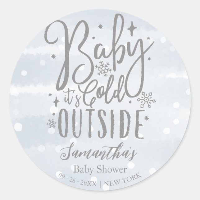 Sticker Rond Snowflakes Baby It's Cold Outside Boy Baby shower (Devant)