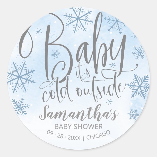 Sticker Rond Snowflakes Baby It's Cold Outside Boy Baby shower (Devant)