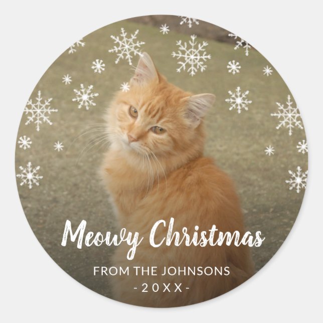Sticker Rond Snowflakes Chat Photo Cute Meowny Noël (Devant)