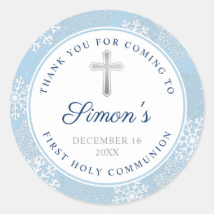 Sticker Rond Snowflakes d'hiver Blue Silver Première communion