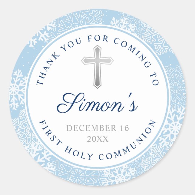 Sticker Rond Snowflakes d'hiver Blue Silver Première communion  (Devant)