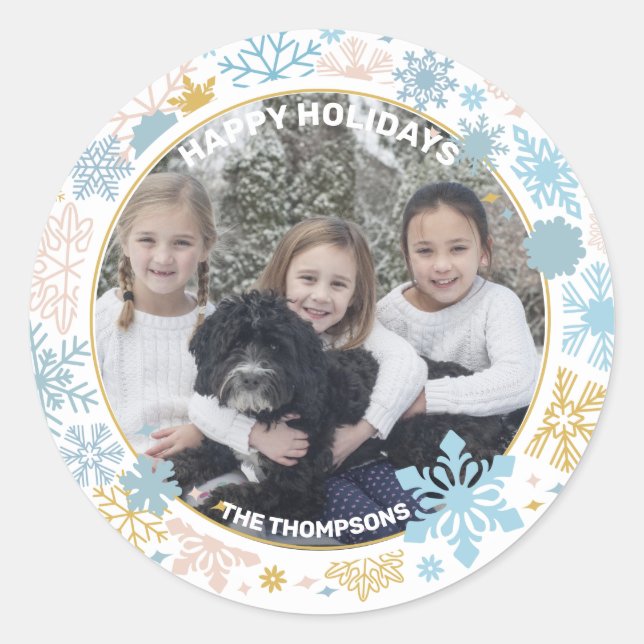 Sticker Rond Snowflakes Snow Pink Blue Christmas Holidays PHOTO (Devant)