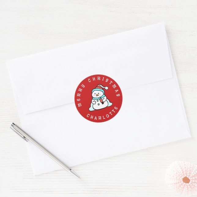Sticker Rond Snowman Avec Nom Personnalisé | Noël rouge mignon (Enveloppe)