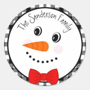 Sticker Rond Snowman avec Red Bowtie Black Buffalo Plaid Trier