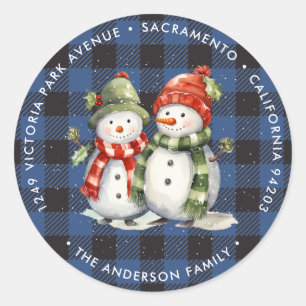 Sticker Rond Snowman Blue Plaid Christmas Retourner l'adresse É