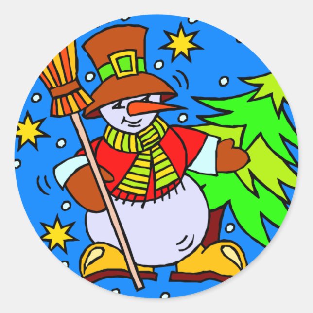 Sticker Rond Snowman Broom sapin de Noël (Devant)
