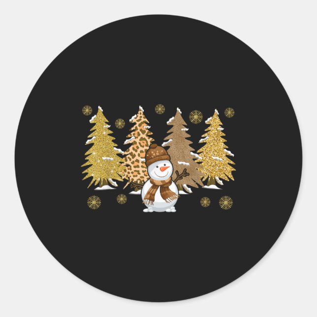Sticker Rond Snowman Christmas Trees In Gold Merry Christmas Pa (Devant)