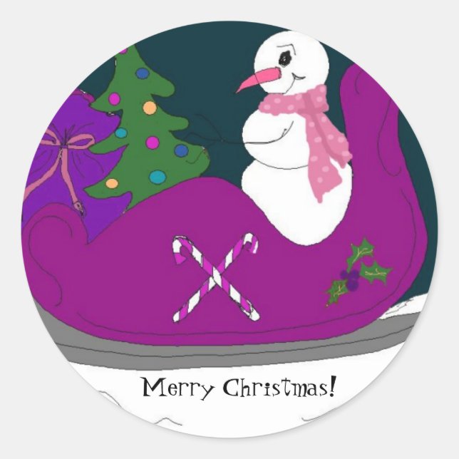Sticker Rond Snowman conduisant un traîneau (Devant)