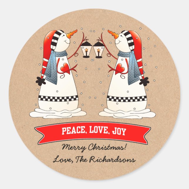 Sticker Rond Snowman Couple Kraft Papier personnalisé Noël (Devant)