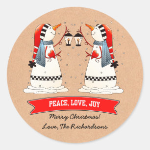 Sticker Rond Snowman Couple Kraft Papier personnalisé Noël