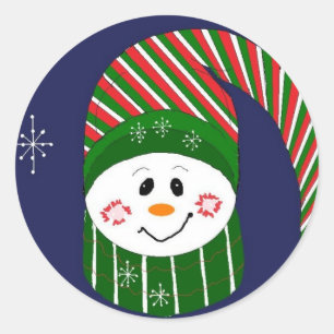 Sticker Rond Snowman Dans Un Casquette Long À Rayures
