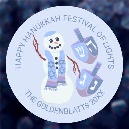 Sticker Rond Snowman Dreidels mignon bleu n'importe quel texte