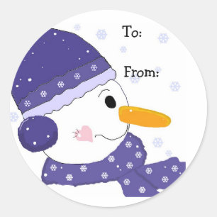 Sticker Rond Snowman en Casquette bleu et Écharpe