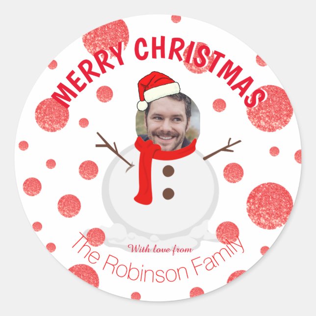 Sticker Rond Snowman Funny Photo Face Rouge Blanc Personnalisé (Devant)