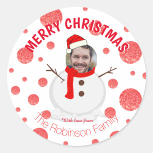 Sticker Rond Snowman Funny Photo Face Rouge Blanc Personnalisé