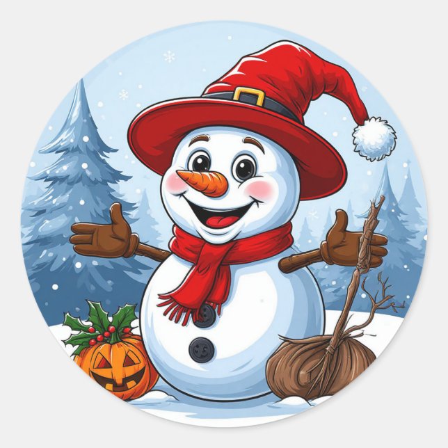 Sticker Rond Snowman joyeux portant un chapeau de Père Noël (Devant)