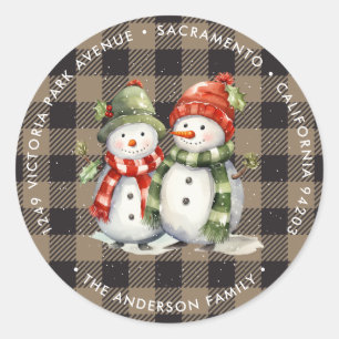 Sticker Rond Snowman Plaid Christmas Retourner l'adresse Étique