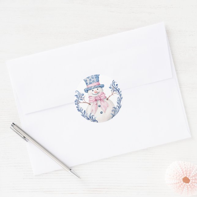 Sticker Rond Snowman rose et bleu (Enveloppe)