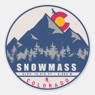 Sticker Rond Snowmass Colorado Retro Sunset Ski Souvenirs