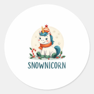 Sticker Rond Snownicorn Cute Unicorn Snowman Christmas Girl T-S