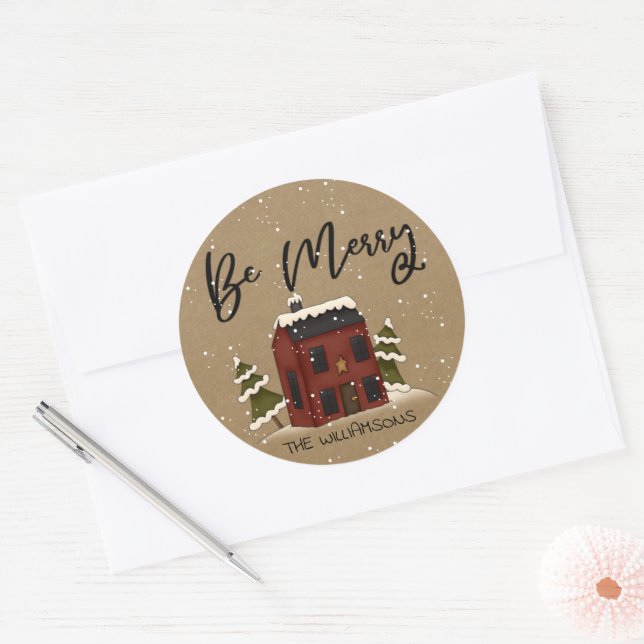 Sticker Rond Snowy Saltbox House Pays primitif Noël (Enveloppe)