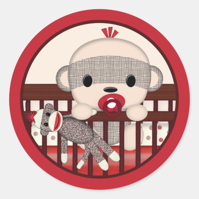 Sticker Rond SOCK MONKEY Baby shower Lit Sceau rond GARÇON (Devant)