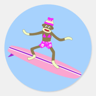Sticker Rond Sock Monkey Surfer Girl
