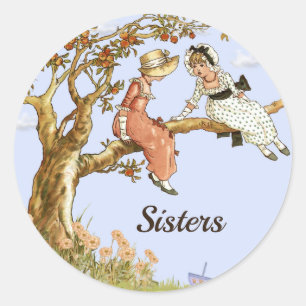 Sticker Rond Soeurs, filles Vintages dans l'arbre à pomme