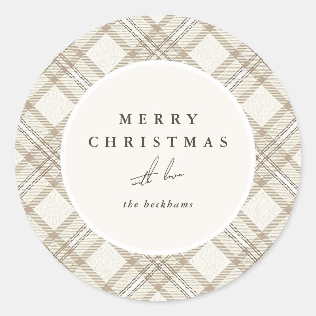 Sticker Rond Soft Beige Gingham Merry Christmas (Devant)