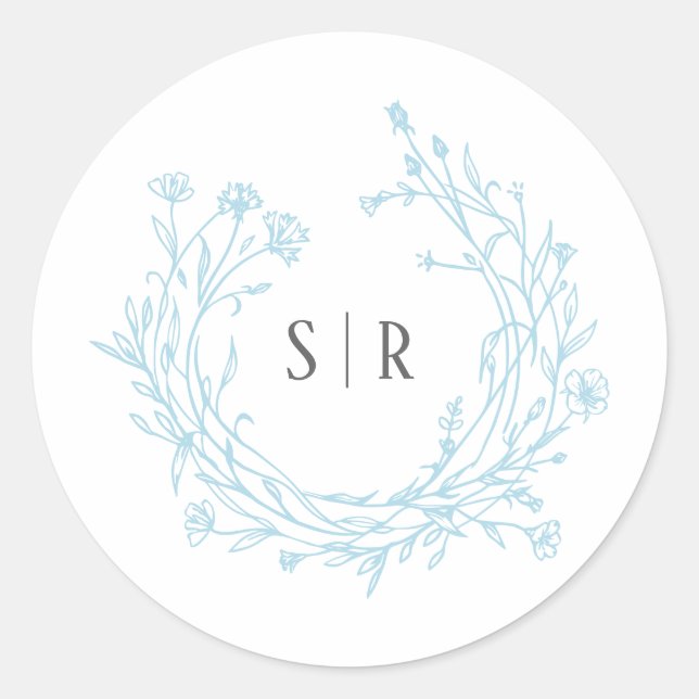 Sticker Rond Soft Blue Boho Floral Monogram Custom Wedding (Devant)