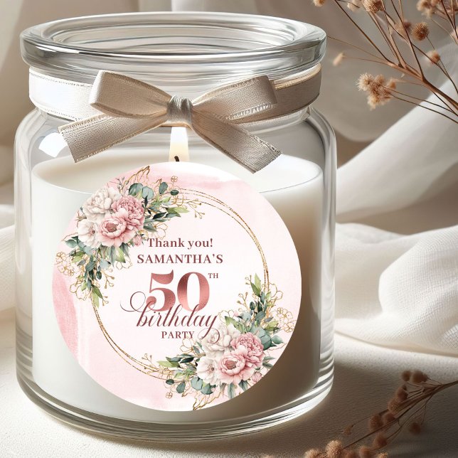 Sticker Rond Soft Blush Rose Gold Botanical 50th Birthday Label (Soft Blush Rose Gold Botanical 50th Birthday Stickers)