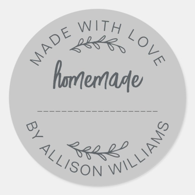 Sticker Rond Soft Gray Script Made With Love Homemade Food Jar (Devant)