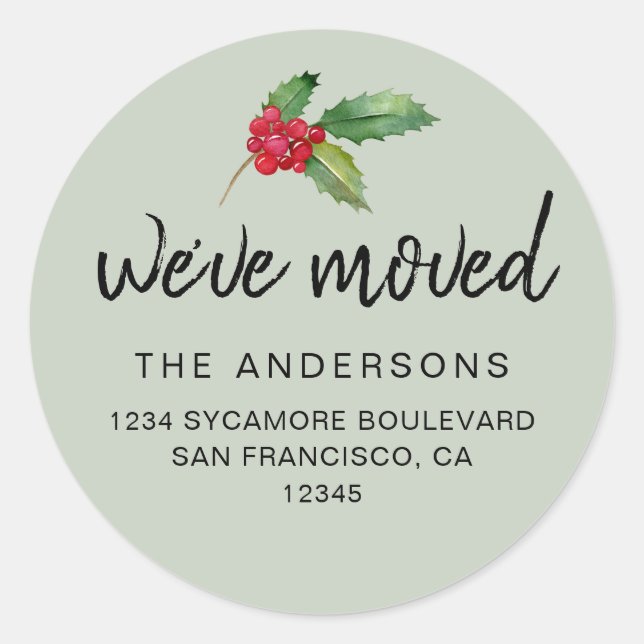 Sticker Rond Soft Green Holly We’ve Moved Address (Devant)