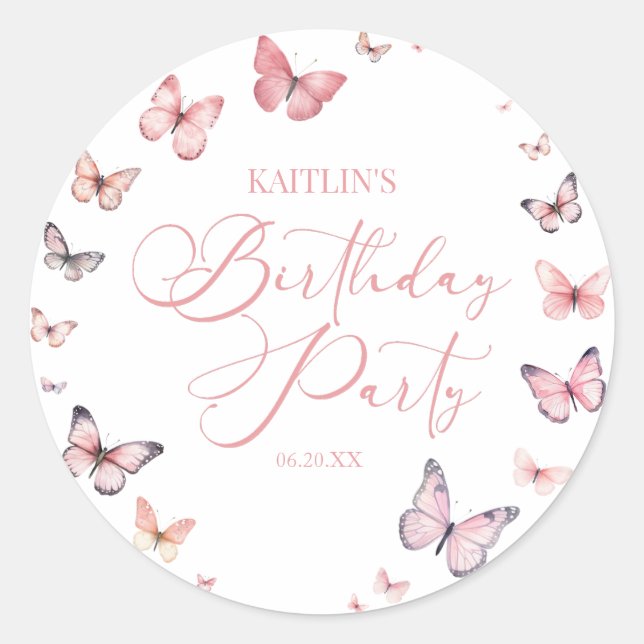 Sticker Rond Soft rose papillon fête d'anniversaire (Devant)