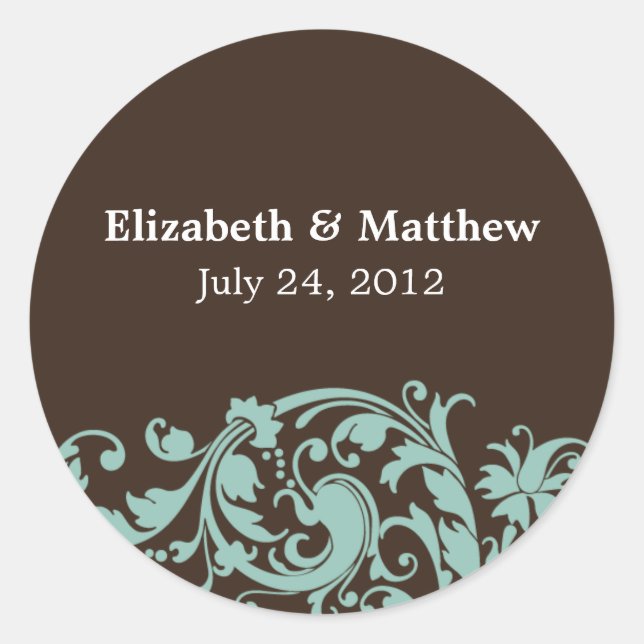 Sticker Rond Soft Turquoise & Brown Mariage Swirl Favor Étiquet (Devant)