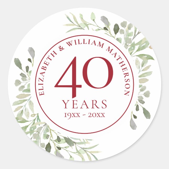 Sticker Rond Soft Watercolour Leaves 40th Anniversary (Devant)