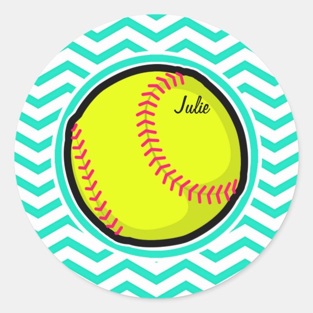Sticker Rond Softball ; Aqua Green Chevron (Devant)