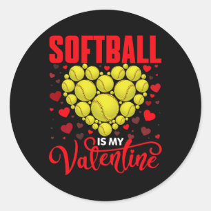 Sticker Rond Softball Est Mon Valentine Softball Ball Heart Val