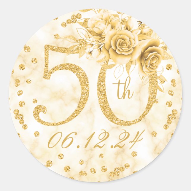 Sticker Rond Soirée 50e anniversaire Soirée moderne Marbre Or (Devant)