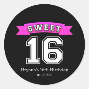 Sticker Rond Soirée d'anniversaire Sweet 16 Sport noir et rose