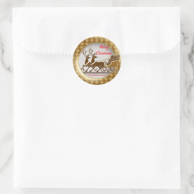 Sticker Rond Soirée de Noël Elegant Red Deer Moose Gold Snow (Sac)