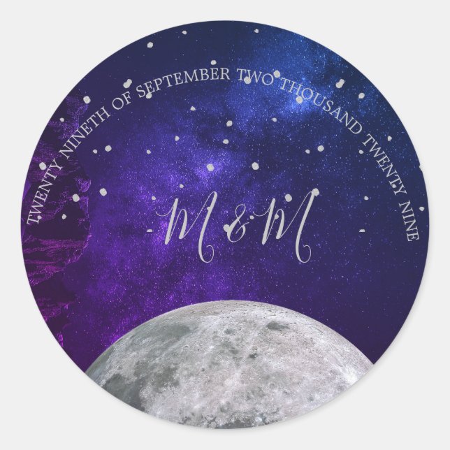 Sticker Rond Soirée Sky Moon Silver Stars Blue Purple Mariage (Devant)
