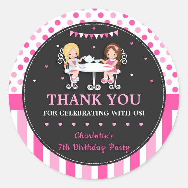 Sticker Rond Soirée Thé Fille Mignonne Anniversaire Merci Favor (Devant)