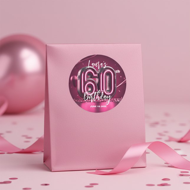 Sticker Rond Soixantième Anniversaire Style Glamour Rose Néon V (Créateur téléchargé)