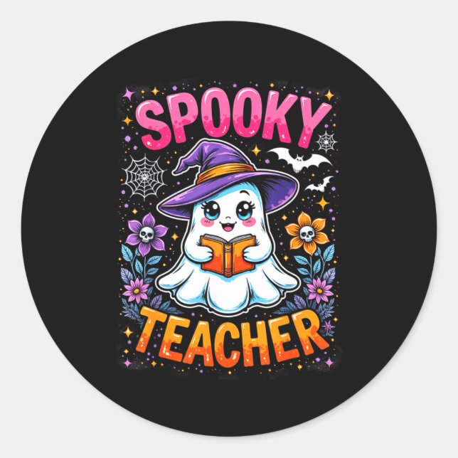 Sticker Rond Soky Teacher Cute Ghost Reading Book Funny Hallo  (Devant)