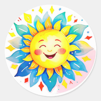 Sticker Rond Soleil de dessin animé joyeux avec visage souriant