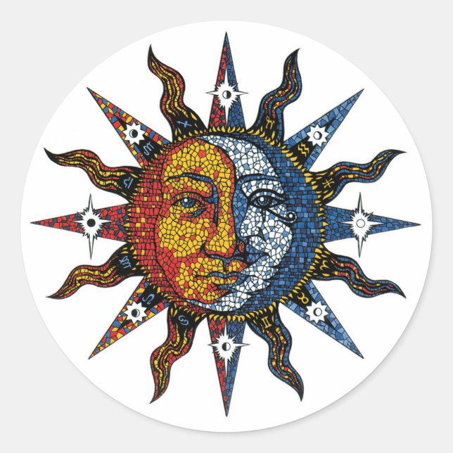 Sticker Rond Soleil et lune de mosaïque céleste (Devant)